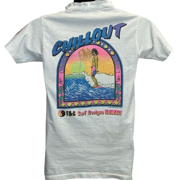 Vintage 80s T&C Surf Designs T Shirt Surfer Surfing USA Made White XS X-Small - Picture 3 of 16
